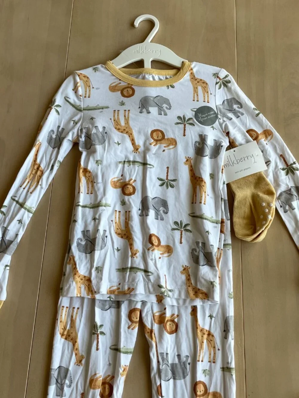 Entire Closet $5! NEW Milkberry 3 Piece Bamboo PJs Pajamas & Grip Socks, Safari